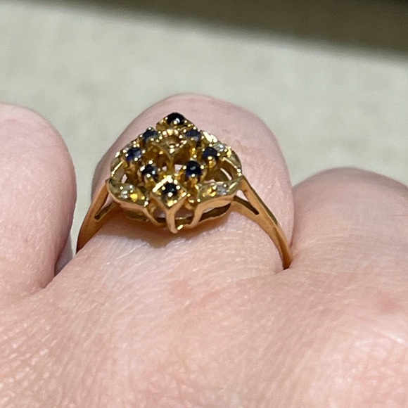 14K Solid Gold Blue Sapphire & Diamond Ring Size 7 - Picture 2 of 10